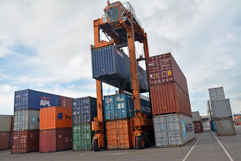 Inside of chittagong port yard and container handling from ship. loading unloading photographs. stock photos