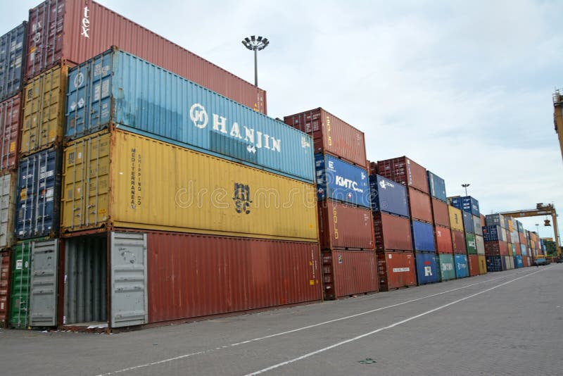 Inside of chittagong port yard and container handling from ship. loading unloading photographs. stock photography