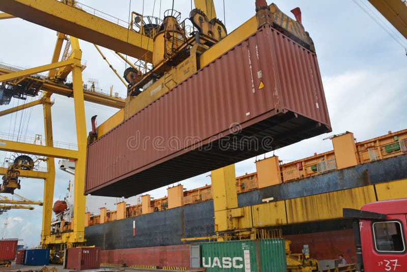 Inside of chittagong port yard and container handling from ship. loading unloading photographs. stock photography