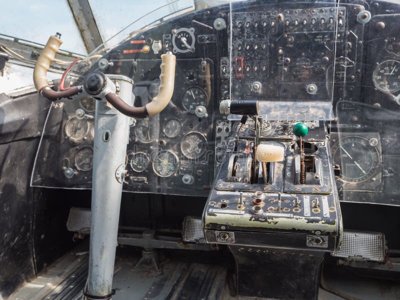 Inside the cockpit of a vintage small jet plane stock photos