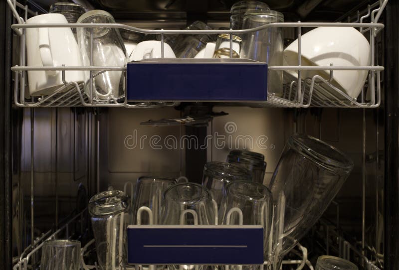 Inside Dishwasher with Fully of Cup and Glass. Stock Photo Image of