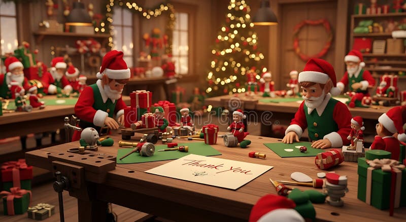 Inside a festive workshop several Santa Claus figurines are meticulously assembling and wrapping presents creating a lively scene for the holiday season. Inside santa workshop illustrations