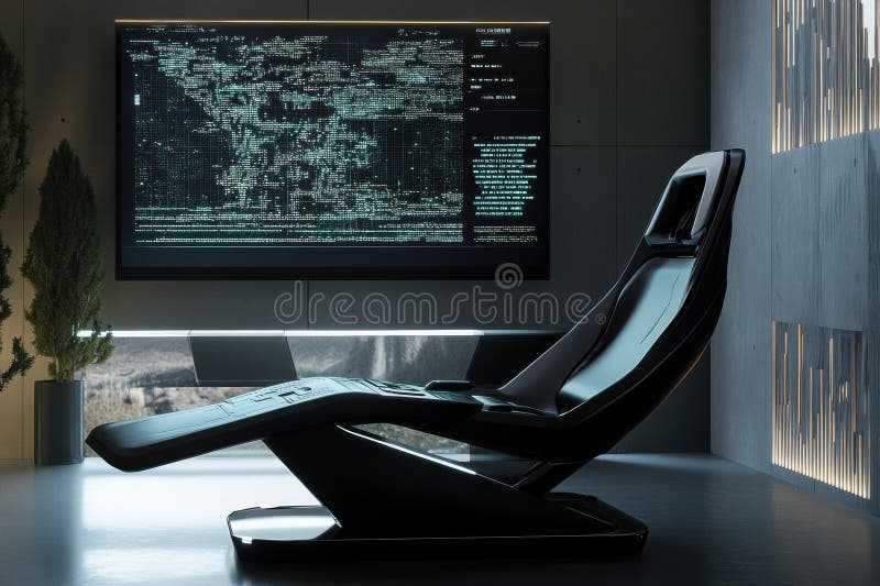 Inside a futuristic workspace, a dark ergonomic chair faces a large digital display showing data streams royalty free stock photos
