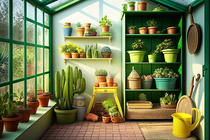 Inside Greenhouse with Potted Plants and Supplies Generative AI Stock
