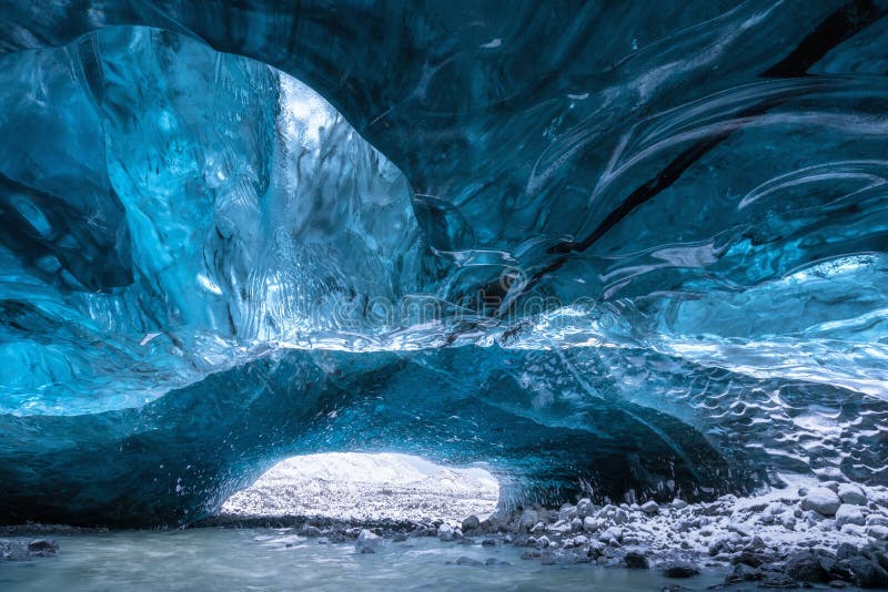 Inside an ice cave in Vatnajokull, Iceland, the ice is thousands of years old and so packed it is harder than steel and crystal