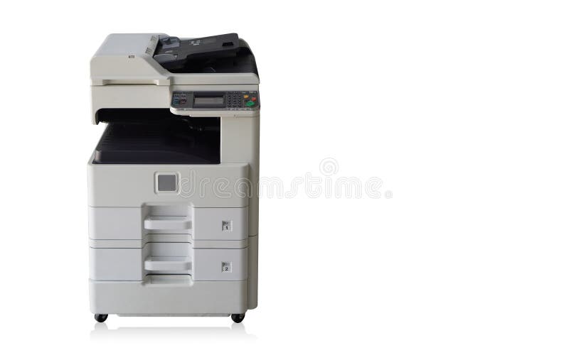 Inside left, black and white digital photocopier and printer on isolated background, technology, object, banner, template, copy royalty free stock image