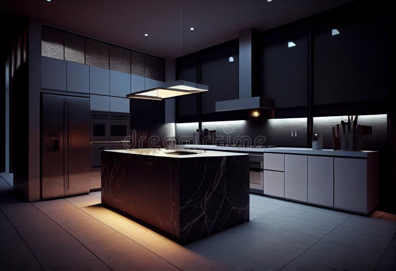 Inside a Modern Kitchen, with Dim Lighting. Generative AI. Stock Photo