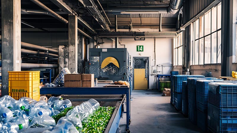 Inside a modern recycling facility efficient sorting of plastic bottles and sustainable waste management practices stock illustration