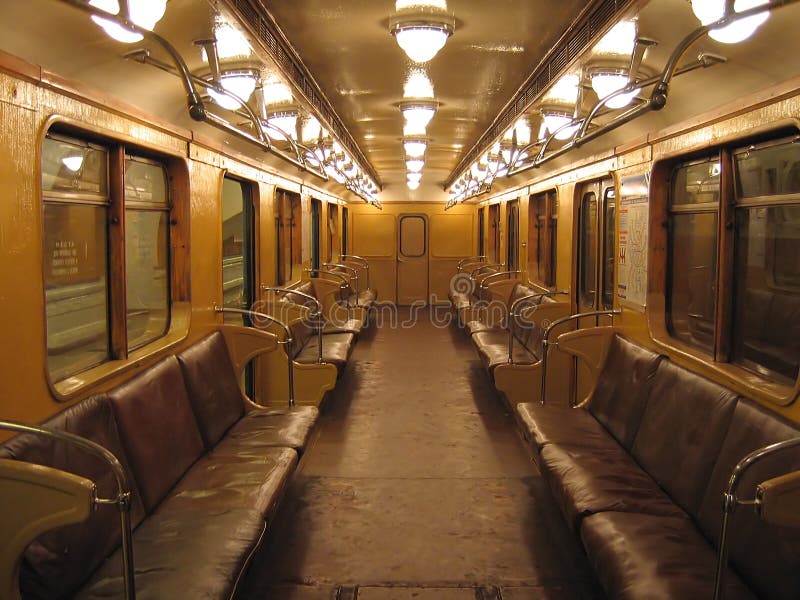 Inside of an old subway car