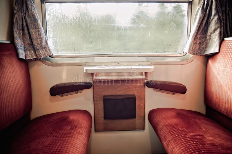 Inside of an old Train with a rainy Window