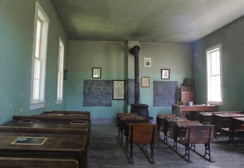 Inside One Room Schoolhouse Desks and Wood Stove