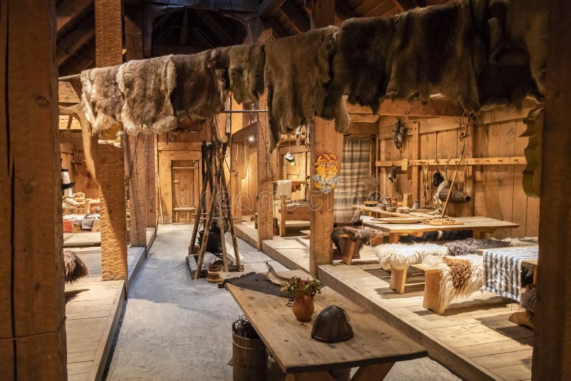 Inside the replica of a furnished viking longhouse