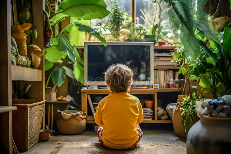 Inside a rustic living room with a five year old child watching on tv and wooden furniture. Generative AI