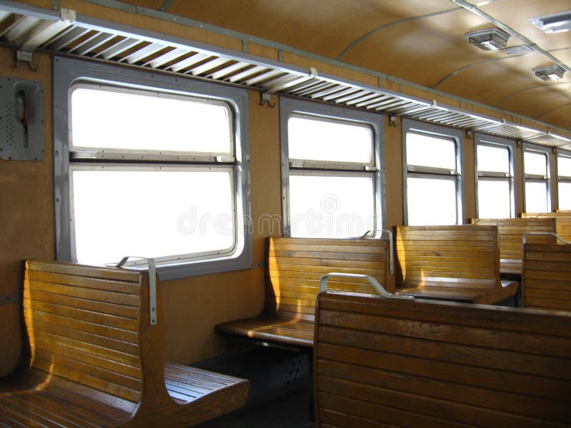 Inside of Ukrainian carriage of electric train stock photo