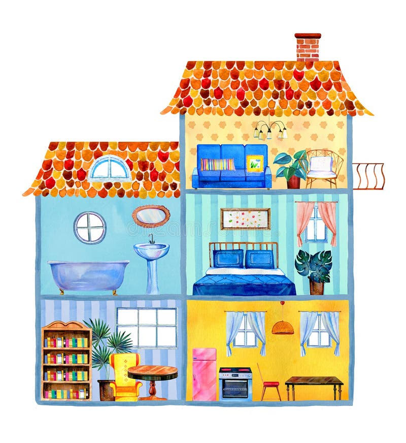 Inside View of Big Cartoon House with Different Rooms, Furniture and  Decorations. Hand Drawn Watercolor Illustration Stock Illustration -  Illustration of construction, front: 123449685