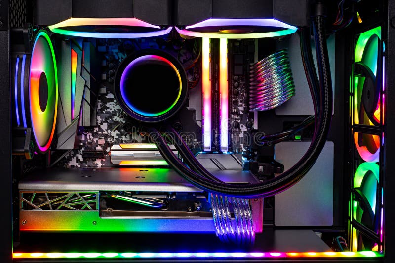 black custom gaming pc computer with glass windows and colorful