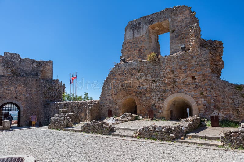 Inside view at the fortress ruins at the castle on medieval village of Figueira de Castelo Rodrigo, tourists visiting the monument