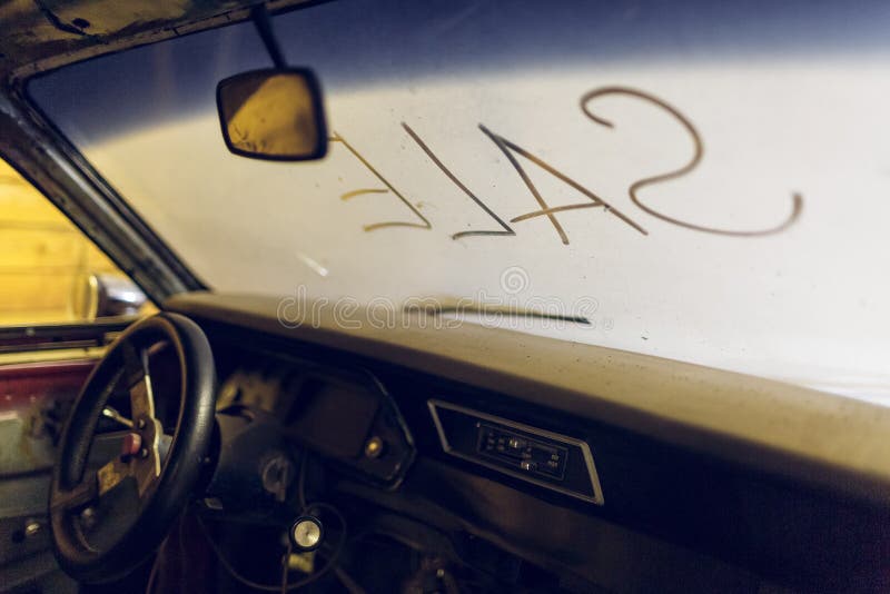 Inside View Of Old Broken Car Interior With Dusty Vehicle Dashboard