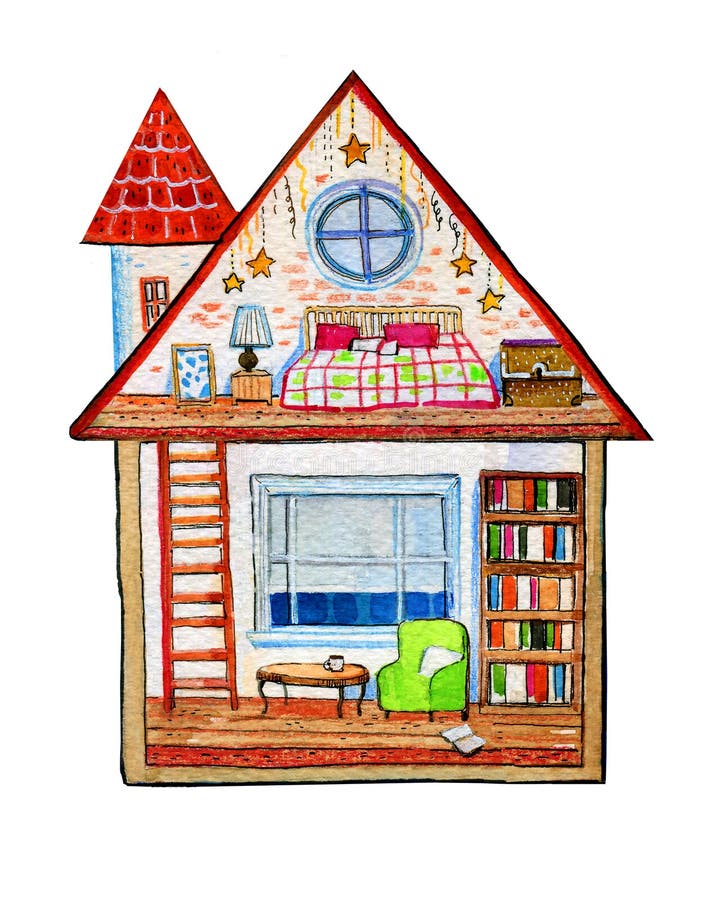 Inside View Of Empty Threestory Cartoon Paper Doll House With Set Of  Furniture Hand Drawn Watercolor Illustration Stock Illustration - Download  Image Now - iStock