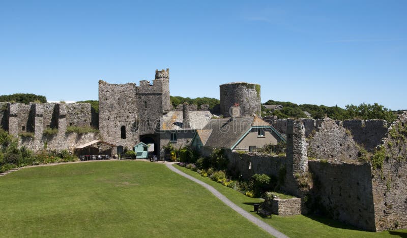 Inside the walls of Manorbier castle in Wales