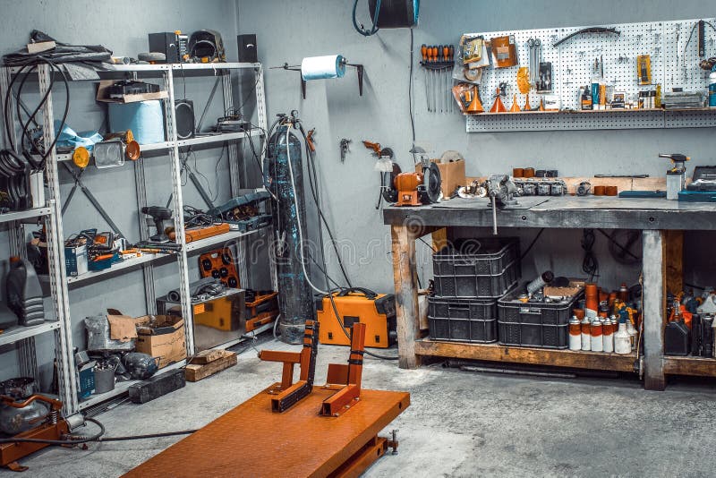 Inside with Workbench, Shelving, Tool Kit Stock Image Image