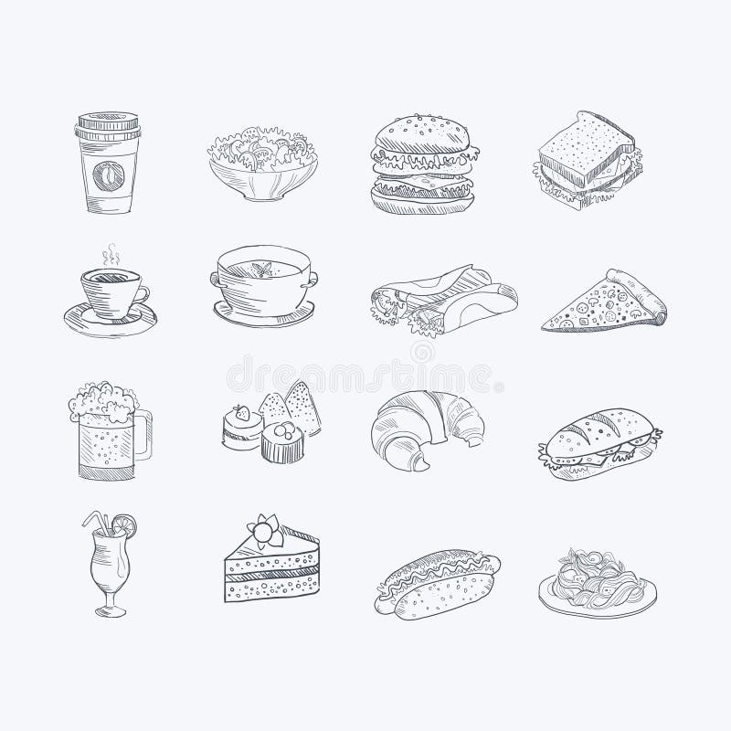 Insieme artistico disegnato a mano di schizzo della bevanda e dell'alimento illustrazione di stock