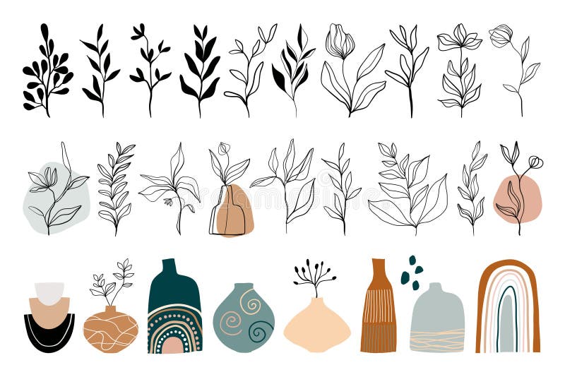 Insieme astratto di opere d'arte con elementi floreali, foglie, piante e vasi, moderni modelli di moda illustrazione vettoriale