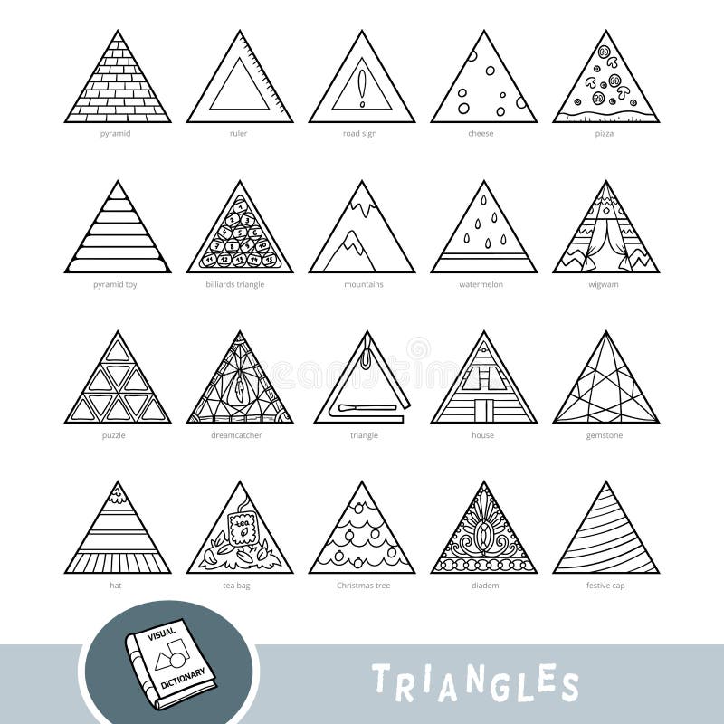 Insieme in bianco e nero degli oggetti di forma del triangolo Dizionario visivo