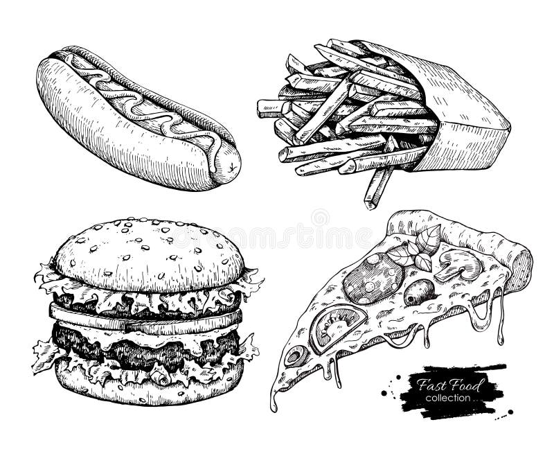 Insieme d'annata del disegno degli alimenti a rapida preparazione di vettore illustrazione vettoriale