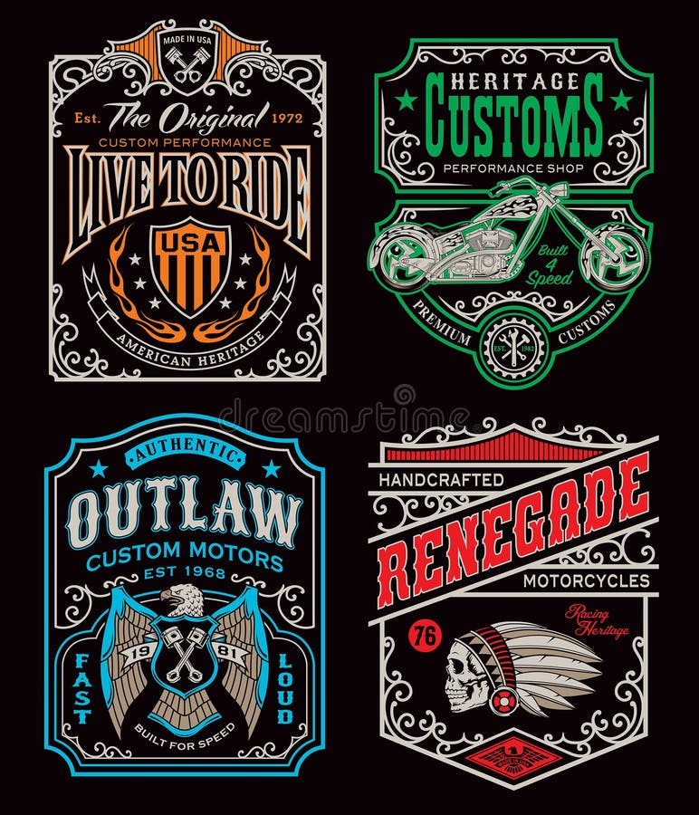Insieme d'annata del grafico della maglietta del motociclo illustrazione di stock Insieme d'annata del grafico della maglietta del motociclo illustrazione di stock
