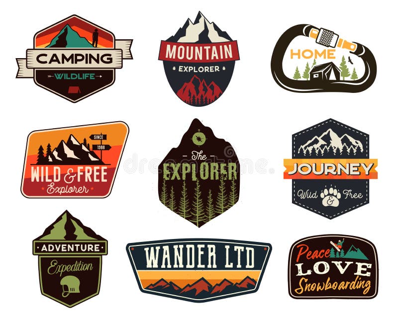 Insieme d'annata del logos di aria aperta Distintivi disegnati a mano di viaggio della montagna, emblemi della fauna selvatica Co illustrazione di stock Insieme d'annata del logos di aria aperta Distintivi disegnati a mano di viaggio della montagna, emblemi della fauna selvatica Co illustrazione di stock