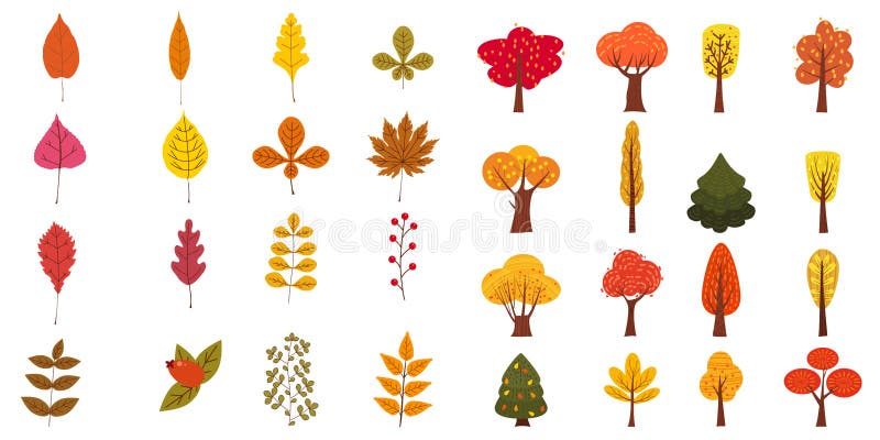 Insieme degli alberi variopinti svegli delle foglie di autunno e bacche Colori gialli, arancio, rossi, marroni Isolato su priorit royalty illustrazione gratis Insieme degli alberi variopinti svegli delle foglie di autunno e bacche Colori gialli, arancio, rossi, marroni Isolato su priorit royalty illustrazione gratis