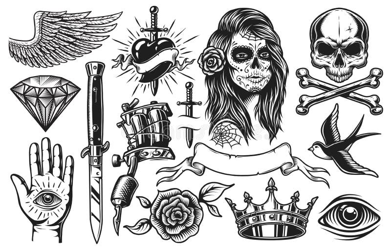 Insieme degli elementi d'annata del tatuaggio