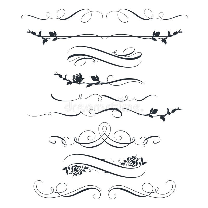 Insieme degli elementi floreali calligrafici Siluette decorative delle rose royalty illustrazione gratis