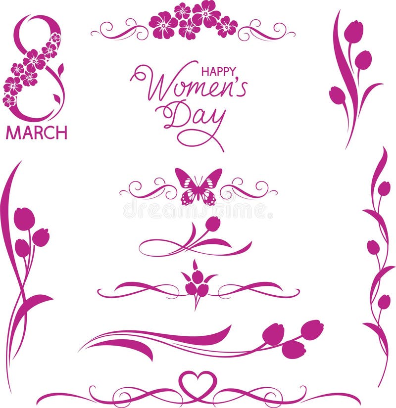 Insieme degli elementi floreali decorativi 8 marzo festa illustrazione di stock Insieme degli elementi floreali decorativi 8 marzo festa illustrazione di stock