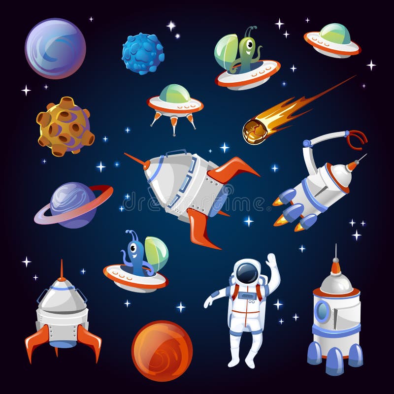 Set of colorful cartoon space elements. Aliens, planets, asteroids, spaceships, stars and astronauts. Universe vector illustration. Set of colorful cartoon space elements. Aliens, planets, asteroids, spaceships, stars and astronauts. Universe vector illustration.