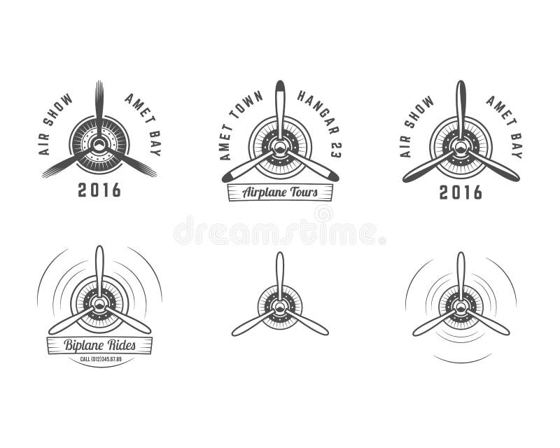 Insieme degli emblemi d'annata dell'elica di aeroplano Etichette del biplano Retro distintivi piani, elementi di progettazione Bo illustrazione vettoriale Insieme degli emblemi d'annata dell'elica di aeroplano Etichette del biplano Retro distintivi piani, elementi di progettazione Bo illustrazione vettoriale