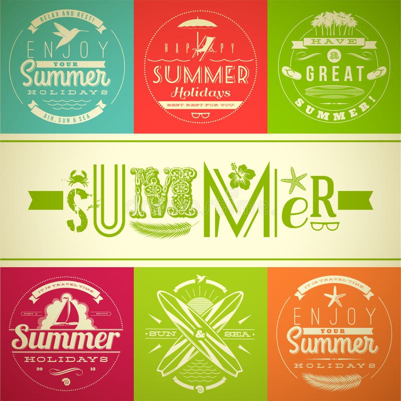 Set of summer vacation and holidays emblems with lettering and travel symbols. Set of summer vacation and holidays emblems with lettering and travel symbols.