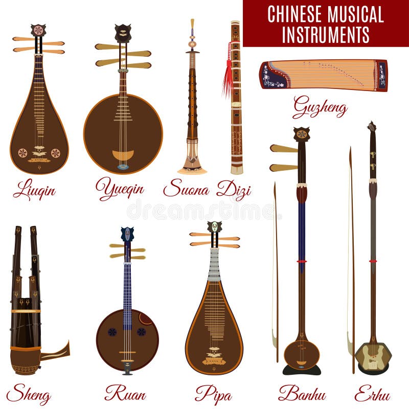 Insieme degli strumenti musicali cinesi, stile piano di vettore illustrazione vettoriale