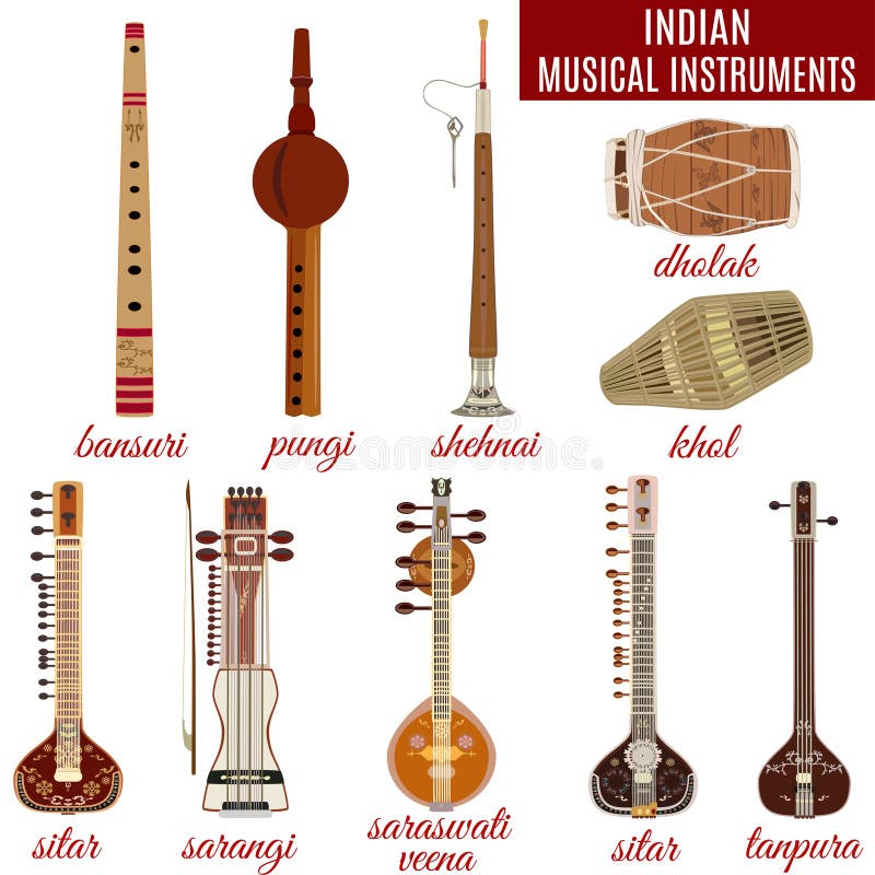 Insieme degli strumenti musicali indiani, stile piano di vettore illustrazione vettoriale