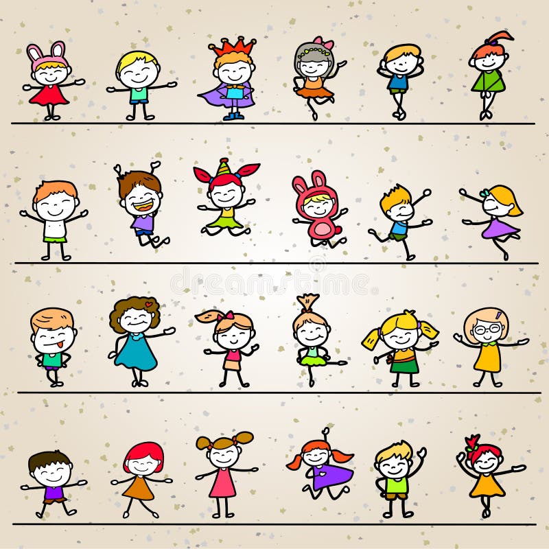 Insieme dei bambini felici del fumetto del disegno della mano di coloritura royalty illustrazione gratis Insieme dei bambini felici del fumetto del disegno della mano di coloritura royalty illustrazione gratis