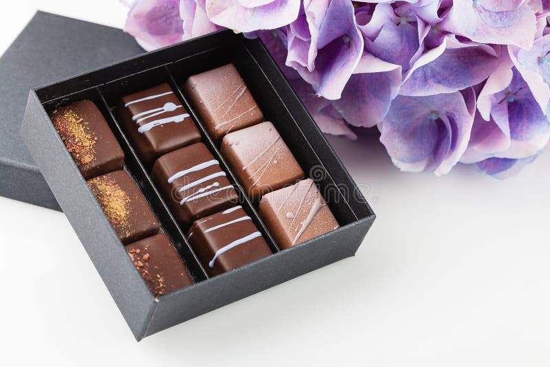 Insieme dei bonbon di lusso in scatola su fondo bianco con l'idraulica porpora immagine stock Insieme dei bonbon di lusso in scatola su fondo bianco con l'idraulica porpora immagine stock