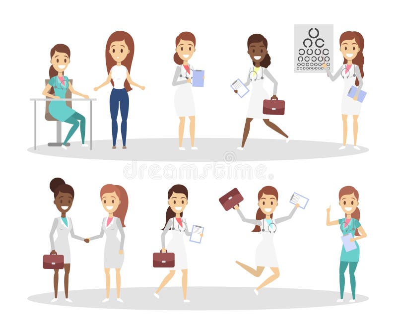 Insieme dei caratteri divertenti di medico illustrazione di stock Insieme dei caratteri divertenti di medico illustrazione di stock