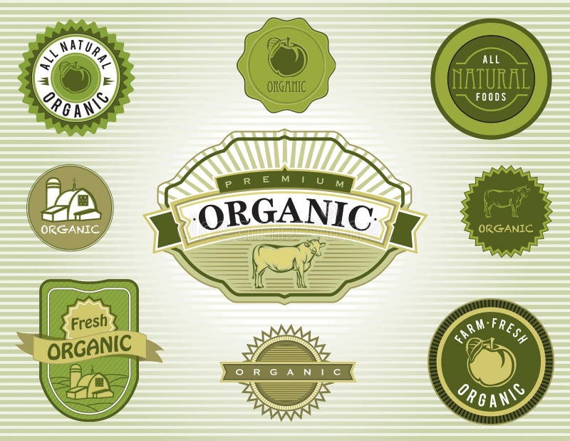 Insieme dei contrassegni organici e naturali dell'alimento illustrazione di stock Insieme dei contrassegni organici e naturali dell'alimento illustrazione di stock