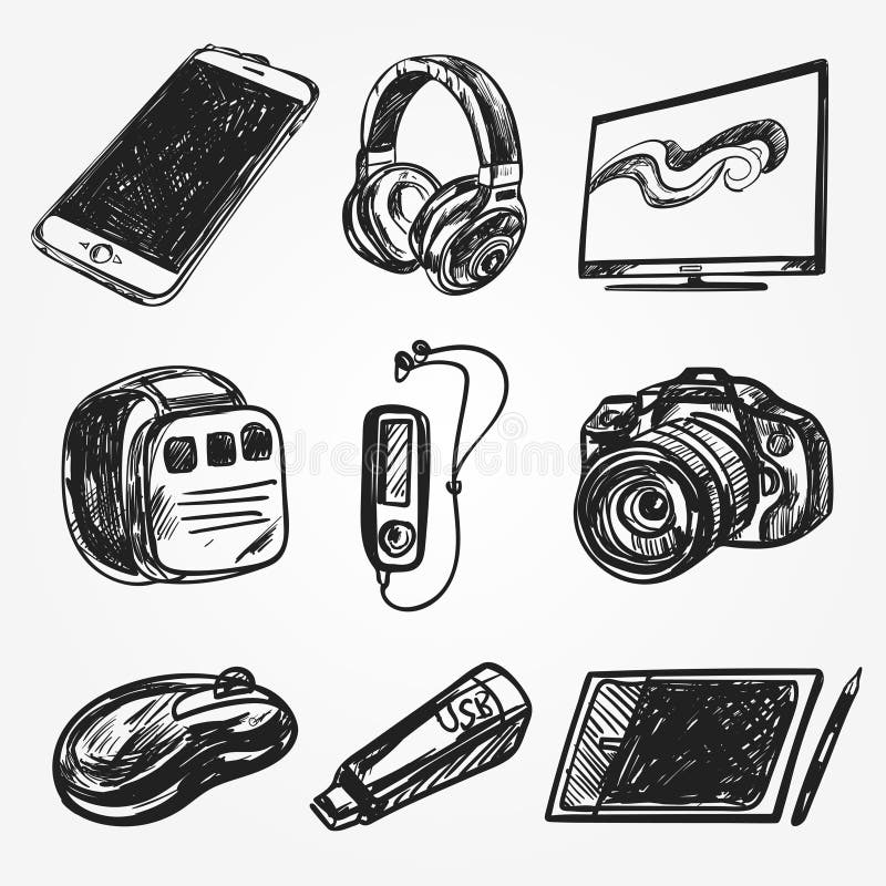 Insieme dei dispositivi astuti di media e degli aggeggi personali illustrazione di stock Insieme dei dispositivi astuti di media e degli aggeggi personali illustrazione di stock