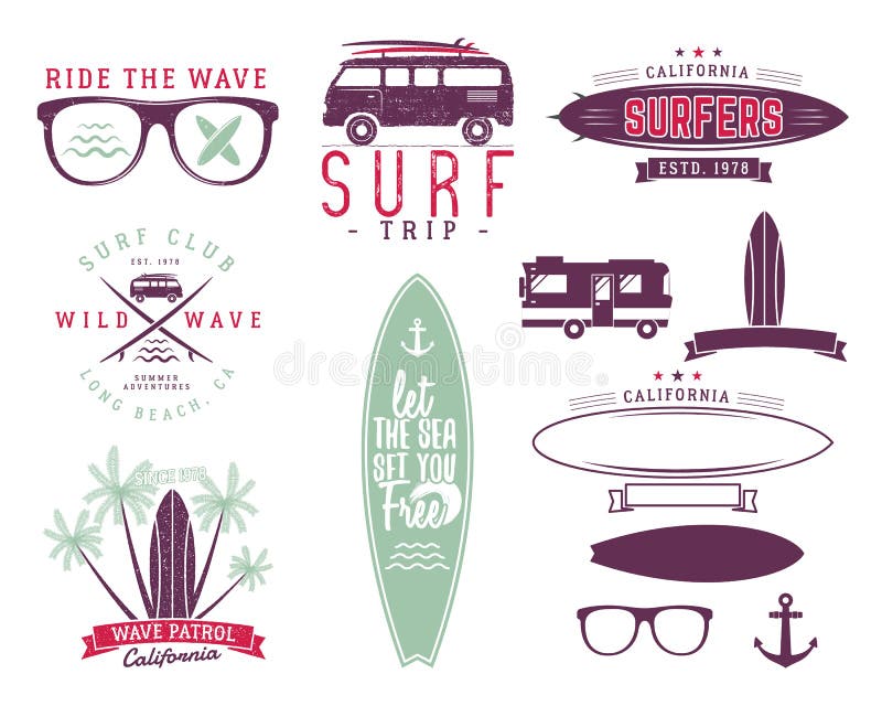 Insieme dei grafici e degli emblemi praticanti il surfing dell'annata per web design o le stampe Surfista, progettazione di logo illustrazione di stock Insieme dei grafici e degli emblemi praticanti il surfing dell'annata per web design o le stampe Surfista, progettazione di logo illustrazione di stock