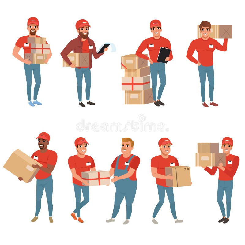 Insieme dei lavoratori postali nelle pose differenti Corriere o servizio di distribuzione Caratteri degli uomini con i contenitor illustrazione di stock Insieme dei lavoratori postali nelle pose differenti Corriere o servizio di distribuzione Caratteri degli uomini con i contenitor illustrazione di stock