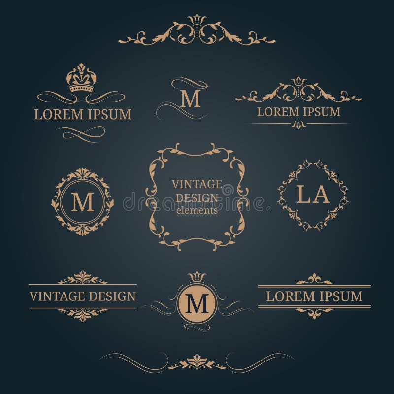 Insieme dei monogrammi e dei confini floreali eleganti illustrazione di stock