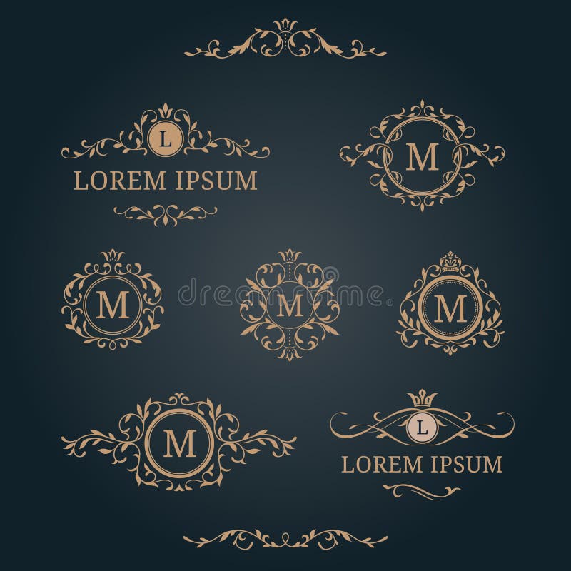 Insieme dei monogrammi e dei confini floreali eleganti illustrazione di stock