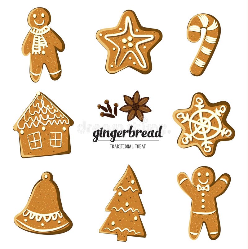 Insieme dei pan di zenzero differenti: uomo, albero di Natale, campana, stella, fiocco di neve, bastoncino di zucchero e casa Vet illustrazione vettoriale Insieme dei pan di zenzero differenti: uomo, albero di Natale, campana, stella, fiocco di neve, bastoncino di zucchero e casa Vet illustrazione vettoriale